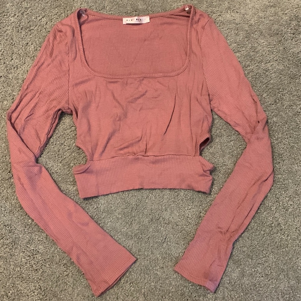 Blue Blush long sleeve crop top with side cutouts